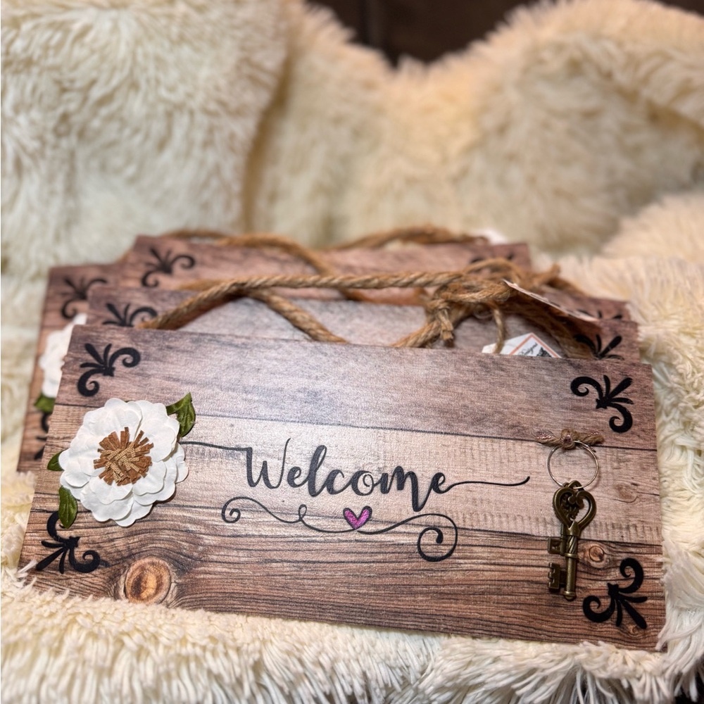 Rustic Wooden Welcome Sign with White Flower and Key Accent Farmhouse Decor